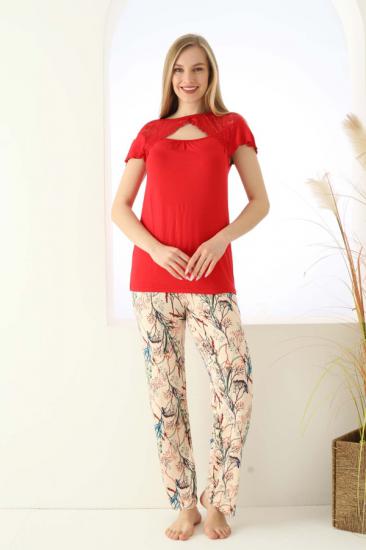 Full Likralı Kısa Kollu Çiçek Desen Dantel Detay Bayan Pijama Takımı -2722 Kırmızı