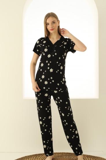Likralı Dantel Detaylı Papatya Desen Bayan Pijama Takımı 2728
