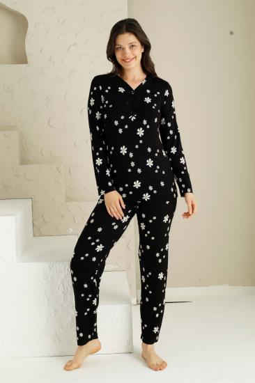 Likralı Uzun Kol Dantel Detaylı Papatya Desen Bayan Pijama Takımı 2728