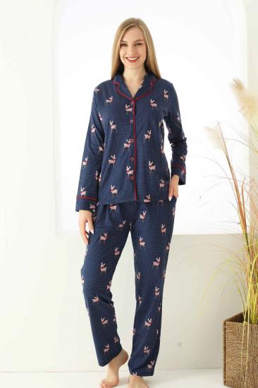 Pamuk Uzun Kollu Boydan Düğmeli Bayan Pijama Takımı 2731 Lacivert