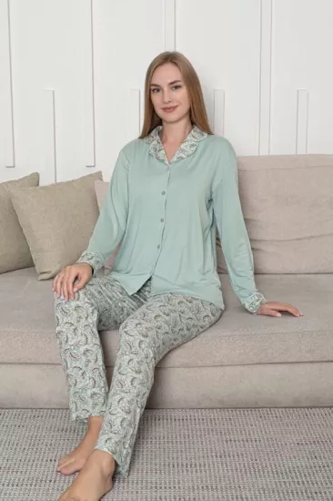 Likralı Yaprak Desen Bayan Pijama Takımı