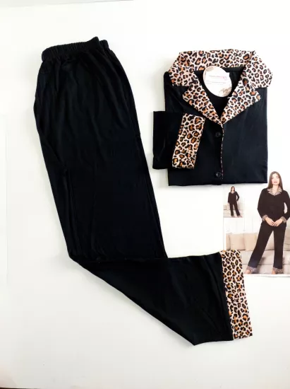 Leopar Desen boydan düğmeli kadın pijama