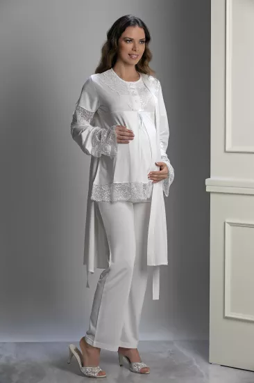 ekru şık dantel detay sabahlıklı lohusa pijama