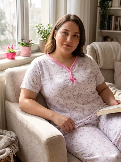 Pembe Çiçek Desen Bayan Pijama Takımı 