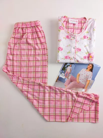 Likralı Büyük Beden  Kısa Kollu Kadın pijama takımı