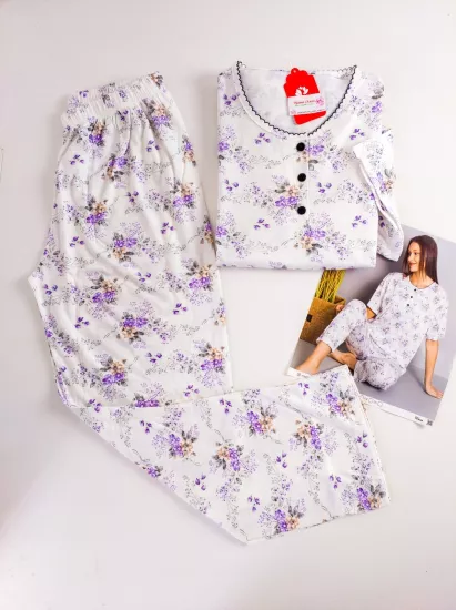 Likralı Çiçek Desen Bayan Pijama Takımı