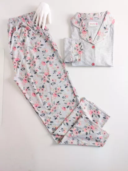 Çiçek Desen boydan düğmeli kadın pijama