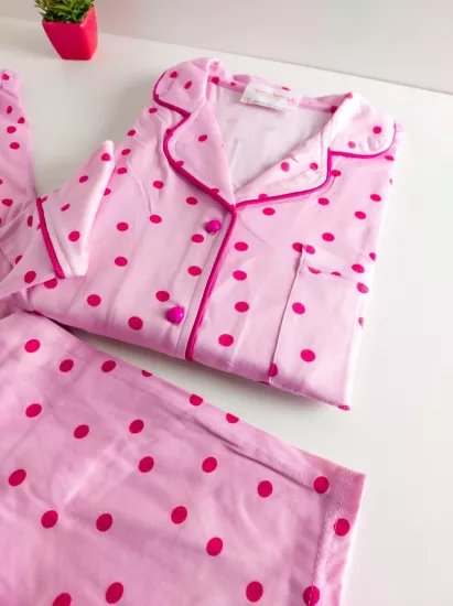 Likralı Puantiye Desen Bayan Pijama Takımı