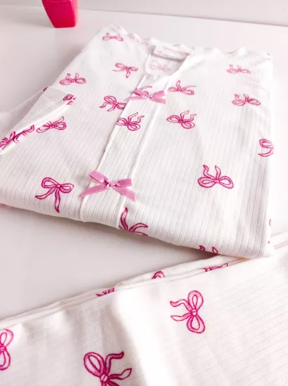 Esnek Fiyonk Desen Bayan Pijama Takımı 