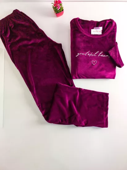 İPEKSİ KADİFE FULL LİKRALI Kışlık Bayan Pijama Takımı - Vişne