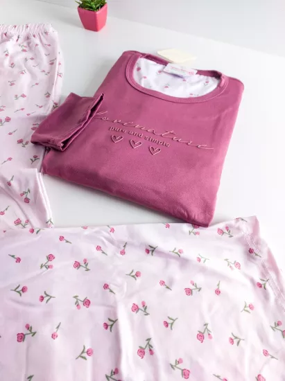 Büyük Beden LİKRALI UZUN Kollu Kadın Pijama Takımı 