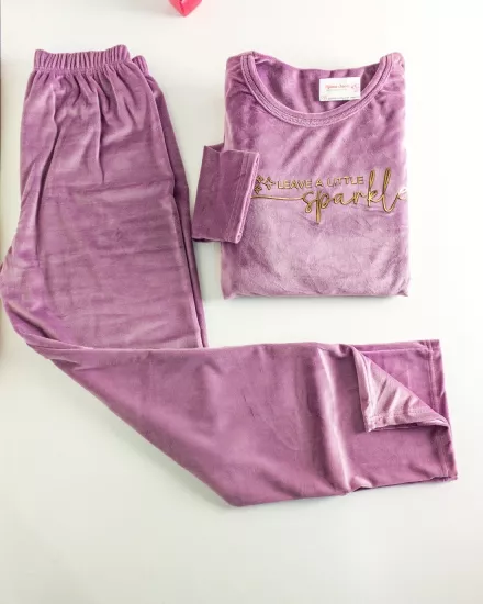İPEKSİ KADİFE FULL LİKRALI Kışlık Bayan Pijama Takımı - Vişne