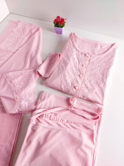pudra şık dantel detay sabahlıklı lohusa pijama irl
