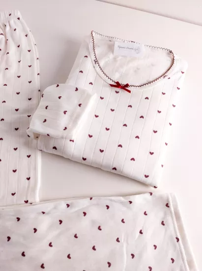Esnek Kalp Desen Bayan Pijama Takımı 
