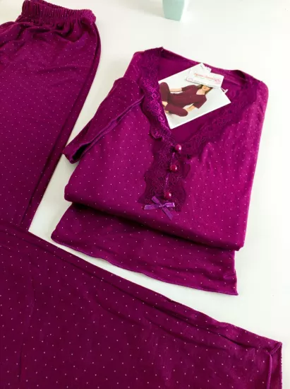 Puantiye Desen boydan düğmeli kadın pijama