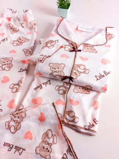 Esnek Kalpli Ayıcık Desen Bayan Pijama Takımı 