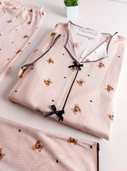 Esnek Ayıcık Desen Bayan Pijama Takımı 