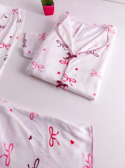 Esnek Fiyonk Desen Bayan Pijama Takımı 