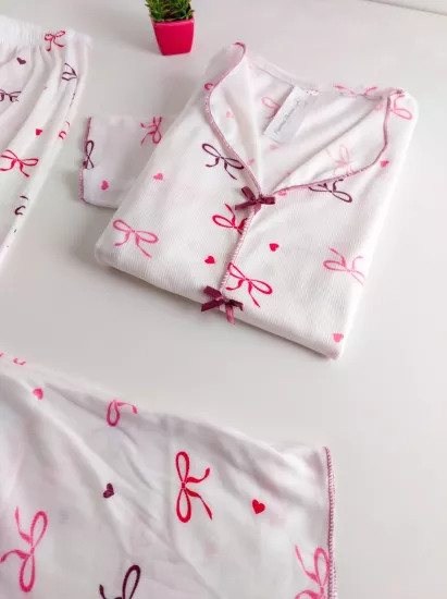 Esnek Fiyonk Desen Bayan Pijama Takımı 