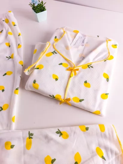 Esnek Limon  Desen Bayan Pijama Takımı 