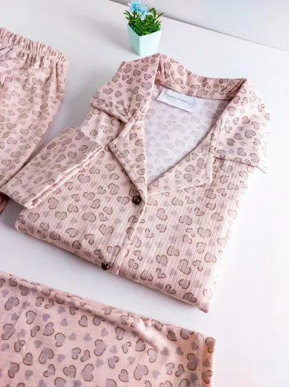 Kahve Kalp Desen Bayan Pijama Takımı