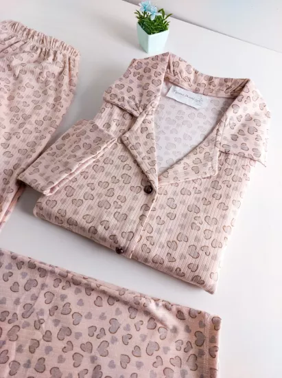 Kahve Kalp Desen Bayan Pijama Takımı