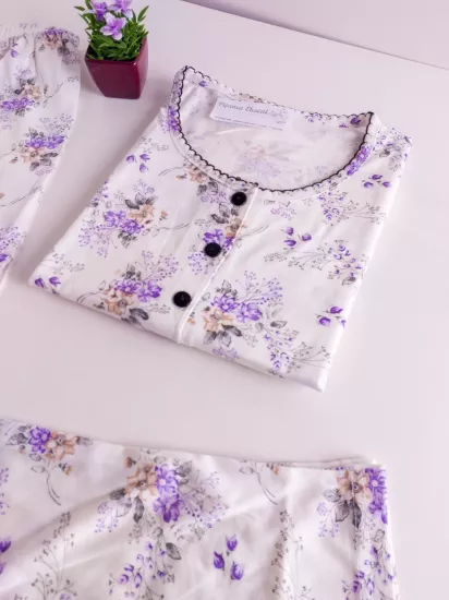 Likralı Çiçek Desen Bayan Pijama Takımı