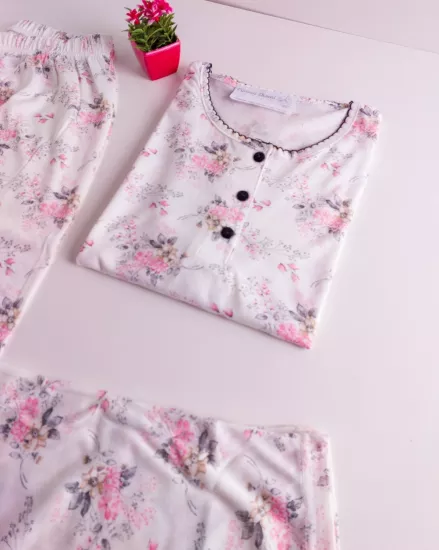 Likralı Çiçek Desen Bayan Pijama Takımı