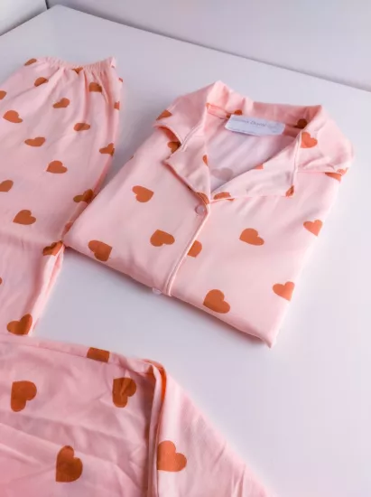 Pembe Kalp Desen Bayan Pijama Takımı