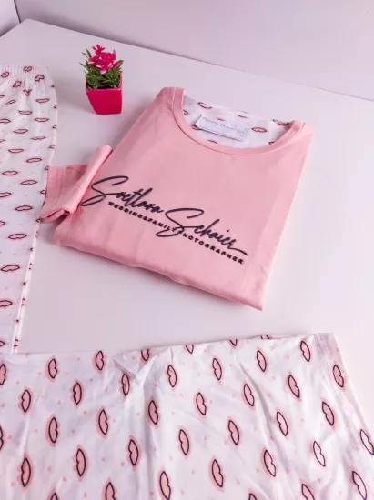 Kahve Kalp Desen Bayan Pijama Takımı
