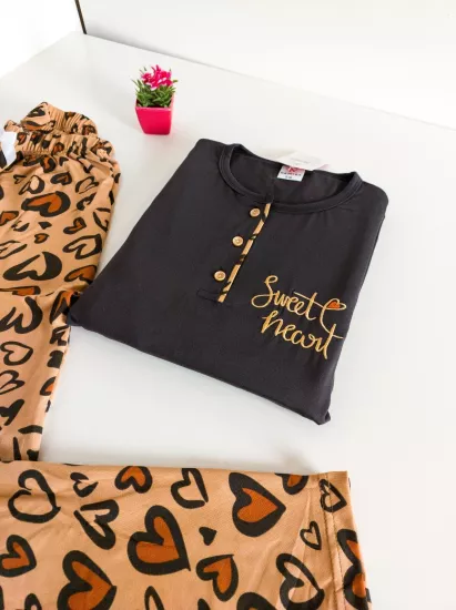 Kahve Kalp Desen Bayan Pijama Takımı