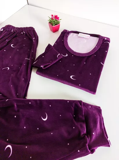 İPEKSİ KADİFE FULL LİKRALI Kışlık Bayan Pijama Takımı - Vişne