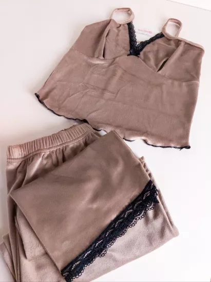 İPEKSİ KADİFE FULL LİKRALI Kışlık Bayan Pijama Takımı - Vişne