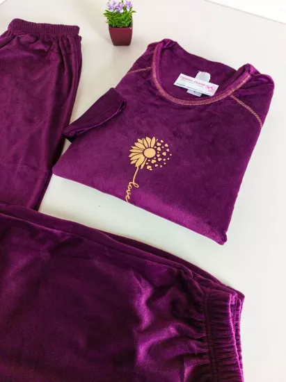İPEKSİ KADİFE FULL LİKRALI Kışlık Bayan Pijama Takımı - Vişne