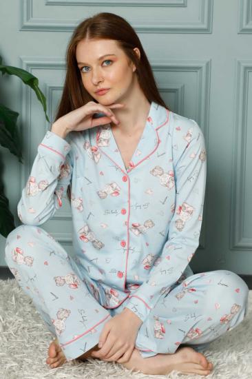 2619 Önden Düğmeli Ayıcık Desenli Uzun Kollu  Bayan Pijama Takımı 