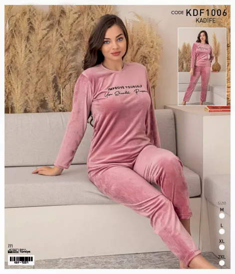 İPEKSİ KADİFE FULL LİKRALI Kışlık Bayan Pijama Takımı -2598 Pudra