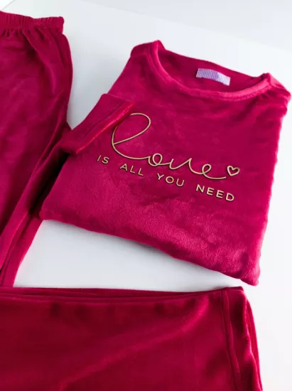 İPEKSİ KADİFE FULL LİKRALI Kışlık Bayan Pijama Takımı - Vişne