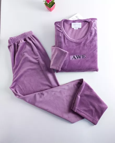 İPEKSİ KADİFE FULL LİKRALI Kışlık Bayan Pijama Takımı - Vişne