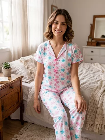 Esnek Çiçek  Desen Bayan Pijama Takımı 
