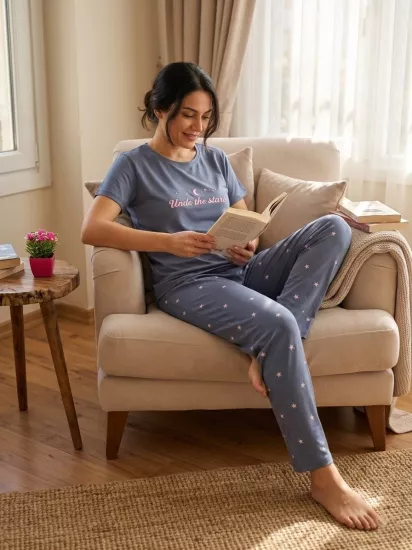 Likralı Kısa Kol Kadın Pijama Takımı 