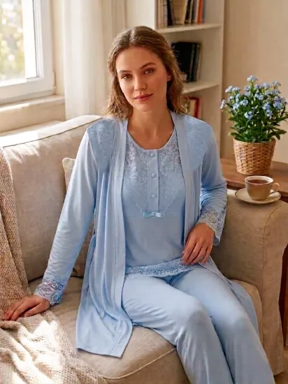ekru şık dantel detay sabahlıklı lohusa pijama