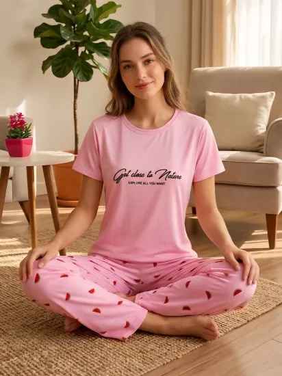 Likralı Kısa Kol Kadın Pijama Takımı 
