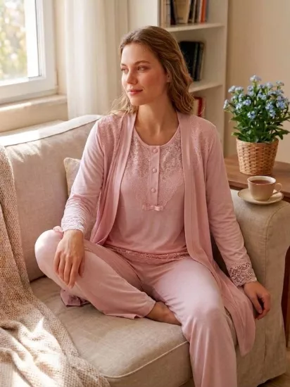 ekru şık dantel detay sabahlıklı lohusa pijama