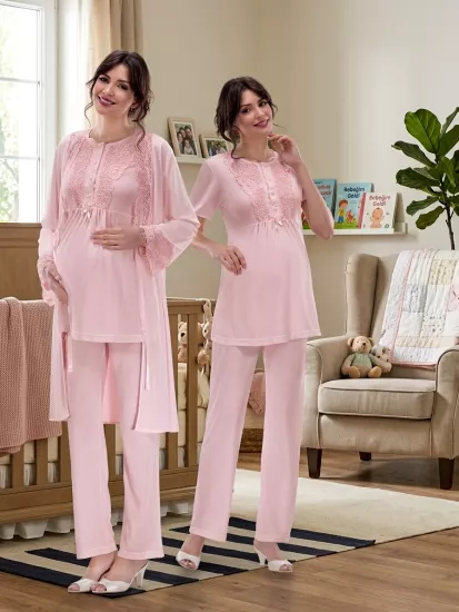 ekru şık dantel detay sabahlıklı lohusa pijama