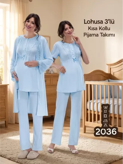 ekru şık dantel detay sabahlıklı lohusa pijama