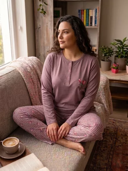 LİKRALI Uzun Kol Kadın Pijama Takımı 