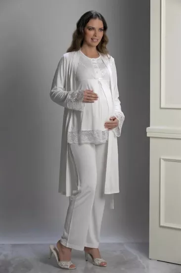 ekru şık dantel detay sabahlıklı lohusa pijama