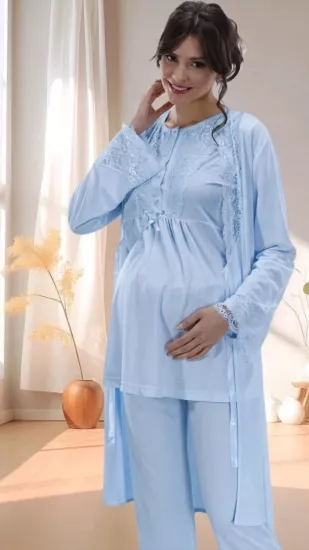 mavi şık dantel detay sabahlıklı lohusa pijama  irl