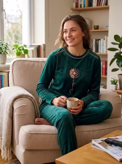 İPEKSİ KADİFE FULL LİKRALI Kışlık Bayan Pijama Takımı - Vişne