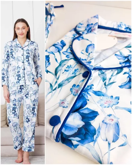 Likralı Çiçek Desen Bayan Pijama Takımı